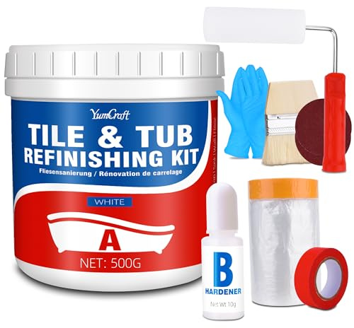 Badewannenlack Weiß 500g, Renovierungsset mit Werkzeug für Bad und Küche | Wasserbeständig & kratzfest, geeignet für Badewanne,Waschbecken, Duschwanne, Fliesen, Porzellan, Fiberglas und Arbeitsplatten