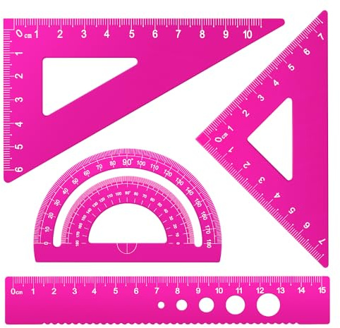 MSDADA 4 Stück Metall Lineal Set 15cm Kleines Lineal Winkelmesser Dreieck Mathematik Geometrie Set Skala Lineal Set für Schüler Lehrer Ingenieure und Zeichner(Rosa)