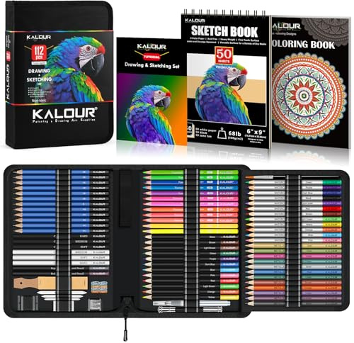 KALOUR PDAS Kit de dessin 112 pièces - Fournitures artistiques professionnelles avec carnet de croquis 3 couleurs et livre de coloriage, néon, coloré, aquarelle, métallique, graphite, fusain, cadeau