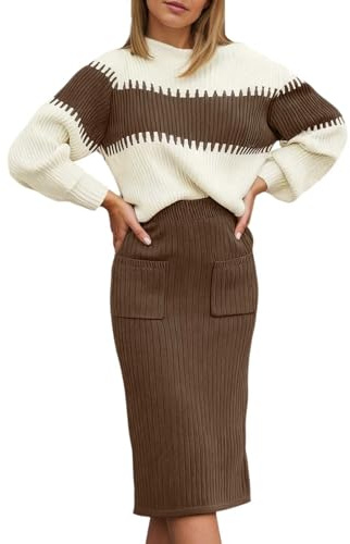 GénÉrique Ensemble Élégant de Pull en Tricot et Jupe Robe Longue pour Personnes Exigeantes Ensemble Élégant avec Rayures en Bloc et Manches Ballon Acanalées pour Automne et Hiver, marron, L