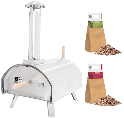 Multi-Fuel Outdoor Pizza Oven, Dual-Wall Insulated, 500°C Max, Includes Pizza Peel, Stone, Cover + Applewood & Cherrywood Wood Chips (2 x 1.4kg) Bundle