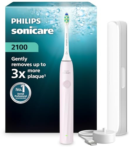 Brosse à dents électrique sonique Philips Sonicare série 2100 – 2 niveaux d’intensité, EasyStart, SmarTimer, 14 jours d’autonomie, étui de voyage, coloris rose pâle, modèle HX4023/03, [Nouveau]