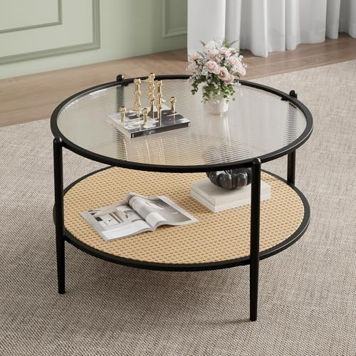 OPULENTHOME Grande Table Basse Ronde avec 2 Niveaux,Table de Salon en Verre texturé à Rotin Étager,Table d'Appoint Bohème avec 4 Pieds en Colonne pour Salon,Chambre,Bureau(73X73X49cm,Noir)