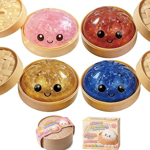 Dumplings Squishy, 2026 Glitter Dumpling Squishy, Squishiest Bun Dumplings with Steamer Box, Stress & Anxiety Relief Toys for Kids & Adults Non-Edible (4 Pack)