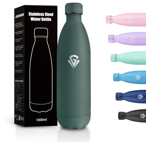 Bouteille Isotherme 1L, Gourde Inox Double Paroi, Gourde Sport Réutilisable sans BPA, Bouteille Métal Étanche pour Sport, Bureau, École, Yoga, Camping, Randonnée, Enfant, Adulte, Femme, Homme