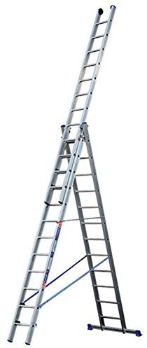 Échelle à trois éléments en aluminium, utilisable à coulissante ou à béquille. Pied Barre stabilisatrice, articulation pour coulissante, articulation pour position à rabat, crochets de réglage hauteur, corde antiapertura, dispositif antisfilo.