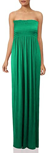 New Womens Plain Long Strapless Elasticated Shearing Ladies Bandeau Shirred Boob Tube Summer Maxi Dress Jade Green Size 12 – 14
