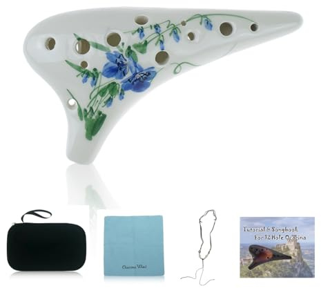 OcarinaWind 12 Hole Ceramic Ocarina, Alto C, Tenor C, Chinese Hand Painting 'Trumpet Creeper', Gift Idea