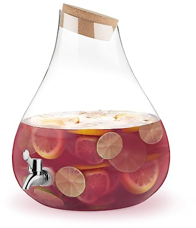 Twine Pearl Beverage Dispenser, Glass Carafe, Cork Stopper, Silver Spigot, Beverage Service, 2.5 Gallons, Set of 1