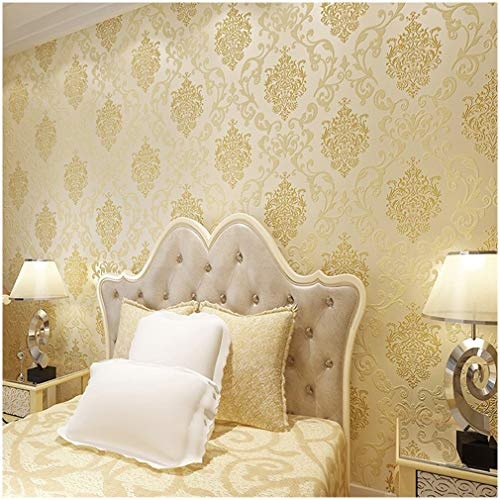 QIHANG European Style 3D Damask Pearl Powder Non-Woven Wallpaper Roll Light Yellow Color 0.53m*10m=5.3㎡