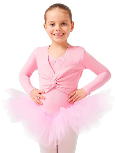 tanzmuster ® Ballettjacke Mädchen Langarm - Mia - aus sehr weichem Baumwollstoff Ballett Top zum Reinschlüpfen in rosa, Größe 116/122