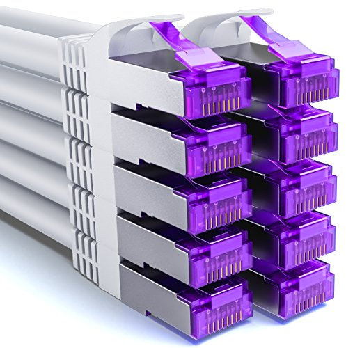 deleyCON 10x 1m CAT7 Câble Réseau - 10 Gigabit - RJ45 Câble de Raccordement Câble Ethernet (Cuivre, SFTP PiMF Blindage) LAN DSL Modem Routeur Panneau de Brassage CAT7 CAT6 CAT5 - Blanc