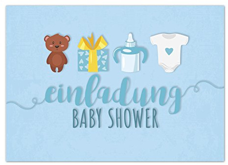 8 x Einladung Baby Shower Party/Einladungskarten mit Umschlag im Set/Motiv: Süße Motive - blau - Junge/Babyparty Karte/Postkarte /