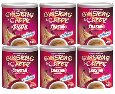 Crastan Preparato per Bevanda solubile Ginseng & Caffè da zuccherare - 6 Barattoli da 200g [tot. 1.2kg]