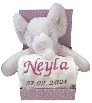 KIDDI-MEDIA Kinder Baby Set mit Name & Geburtsdatum Bestickt (auf der Decke) inkl. Plüsch Stofftier - Geschenk Taufe Geburt/CE-Zertifizierung (Elefant/Rosa)