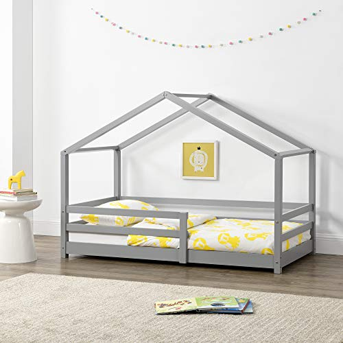 [en.casa] Kinderbett Knätten Hausbett Bodenbett 90 x 200 cm Holzbett für Kinder mit Rausfallschutz Bettgestell mit Lattenrost Kiefernholz Hellgrau