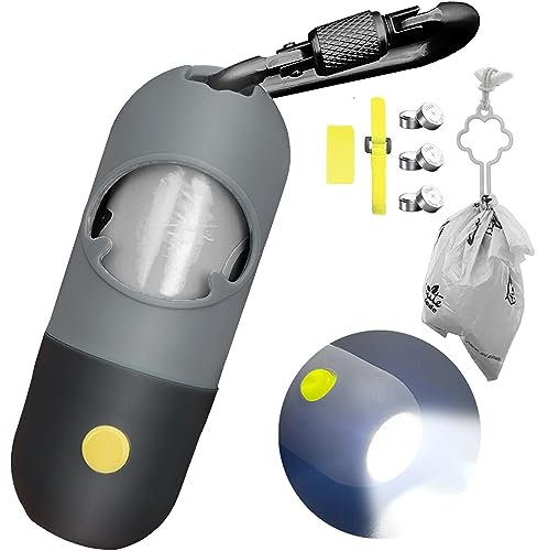 Hundekotbeutelspender mit integrierter LED-Taschenlampe und Robuster Karabiner, Zubehör für Hundeleinen, Freihand-Beutelhalterfür das Gehen mit dem Hund (Grau)