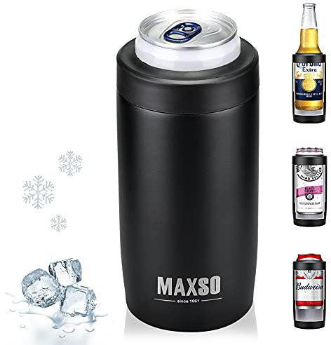 Maxso Slim Can Cooler, 4-in-1 Double Walled Stainless Steel Insulated Beer Can Holder, Works With All 12 Oz Cans,Bottles & As A Pint Cups - Matte Black