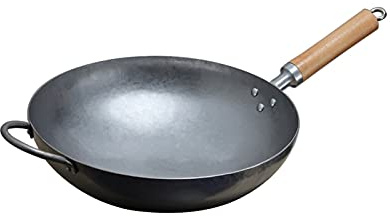 Tradizionale Mano Martellato Iron Wok Acciaio al carbonio Anti-aderente Pow Wok, Rimovibile Manico in legno Fondo tondo Senza coperchio (Size : 36cm/14.1in)