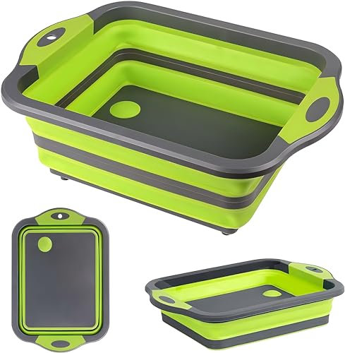 DLD Planche à découper multifonction pliable avec passoire intégrée, portable et, en plastique, gel de silice, planche de cuisine panier égouttoir pour fruits, légumes, pique-nique