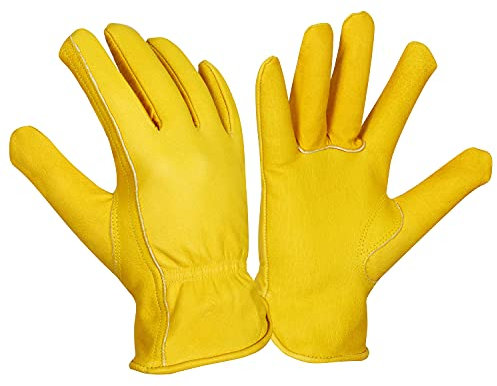 MOTOROAR Work Gloves Cowhide Grain Premium Leather Yellow Work Driver Gloves With Elastic Wrist Closure And Inside Fleece Lining General Purpose Utility, Driver, Rigger, Safety, Gardening (9(medium)