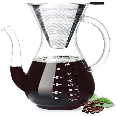 Unbreakable Pour Over Coffee Maker with Double Stainless Filter 8-Cup, Thickened Heat-Resistant Borosilicate Glass Pour Over Coffee Dripper, Stovetop Safe