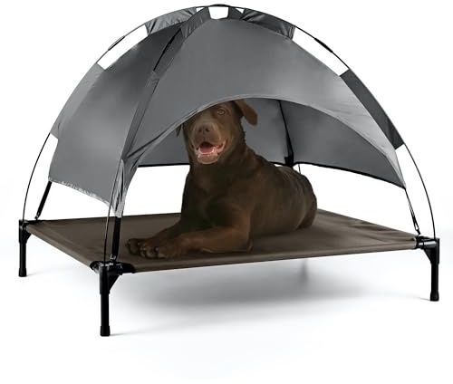 Petlicity Elevated Dog Bed with Canopy - Extra Large Raised Dog Bed Pet Cot with Removable Shade for Indoor Use - Waterproof, Breathable and Portable Sun Lounger Outdoor Dog Bed for Pets (106x85cm)