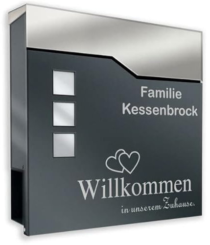 Edelstahl Briefkasten in anthrazit mit Beschriftung - Briefkasten aus pulverbeschichtetem Stahl mit Zeitungsrolle, Briefschlitz und Sichtfeldern