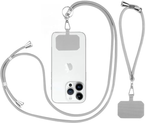flintronic 2 st snodd justerbar mobiltelefonrem, nackrem, korsrem och handled, kompatibel med de flesta telefonfodral, med nyckelring och lapp-grå-en längd och en kort