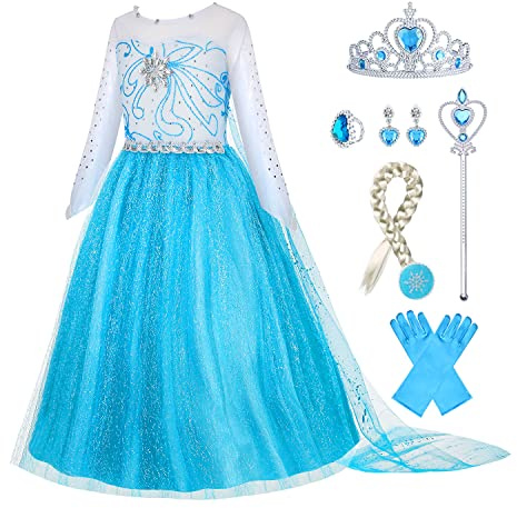 Gridamea Blaues Prinzessinnenkleid für Mädchen mit Krone, Zauberstab, Handschuhen und Zubehör – Kostüm für Kindergeburtstag, Party, Cosplay
