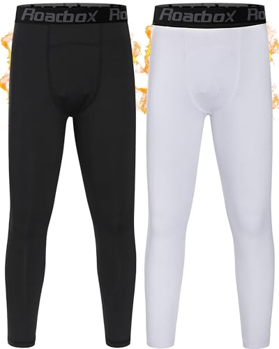 Roadbox 2 Pack Boys Thermal Pants - Youth Fleece Lined Base Layer Tights Kids Athletic Sports Leggings for Basketball Football