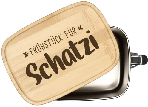 Tassenbrennerei Brotdose mit Spruch - Frühstück für Schatzi - 1000ml Edelstahl Box mit Bambusdeckel graviert - Geschenk für Freundin, Freund - Ich liebe Dich