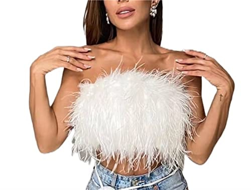 Fjädertoppar För Kvinnor, Ärmlös Rygglös Tank Bandlös Faux Fur Crop Top Fluffy Slim Fit Bandeau Vest (Color : A, Size : S)