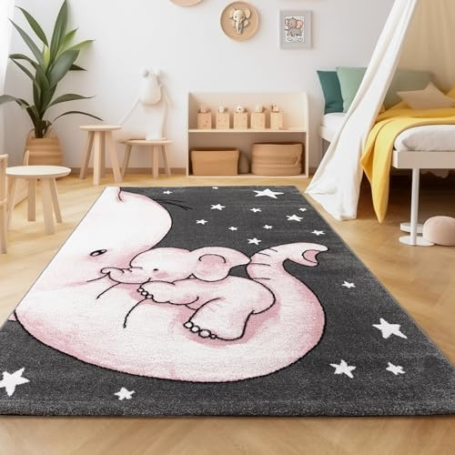 SIMPEX Kinderteppich Elefantenfreunde Rosa 200x290 cm XXL Spielteppich Weiche Oberfläche & Sanftes Farbkonzept