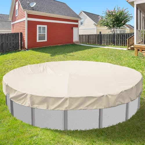 Goleray Round Pool Cover fits 10FT above Ground Pools, 13FT Waterproof Winter Pool Covers with Clips Safety Cover with Drawstring Weather Protective for Outdoor Furniture Garage, Beige