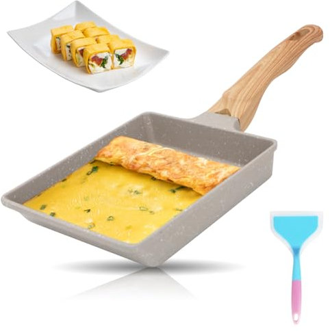 RANJIMA Poele Omelette Japonaise, Tamagoyaki Poêle à Omelette Rectangulaire Japonaise avec Manche en Bois, Revêtement Antiadhésif Poêle à œufs en Aluminium pour Induction et Cuisinière à Gaz, 19x16cm