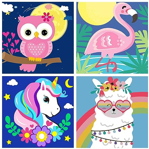 MXCFZX 4 Pack Paint by Numbers for Kids - Paint by Number for Kids Beginners Easy Acrylic Watercolor Paint Numbers Canvas Arts for Kid Ages 4-8,Oil Painting by Number Kits for Decoration 8x8 frameless