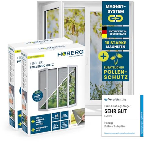 Hoberg Protección antipolen para Ventanas con innovadora fijación magnética | Mosquitera Recortable Individualmente hasta 150 x 130 cm, sin taladrar ni atornillar | Fijación con 16 imanes [2 Piezas]