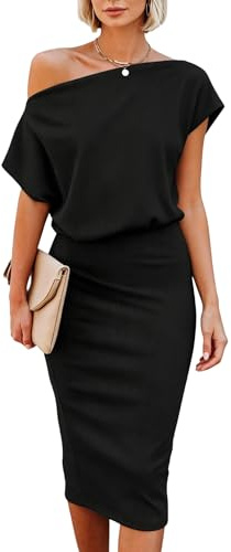 Dressmine Party Dresses for Women UK Evening Dress Off The Shoulder Short Sleeve Bodycon Elegant Cocktail Dresses Black Size 18