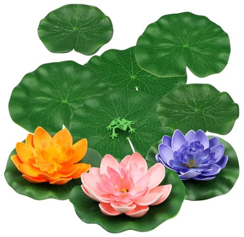 QUOZUO 10 Pack Artificial Floating Foam Lotus Flowers with Artificial Frog Lotus Leaves, Lily Pads for lake, Pond Plants Ornaments for Pool Water Decoration, Colorful