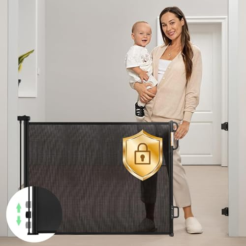Infällbar babygrind, Momcozy Mesh babygrind eller hundgrind av nät, 84 cm lång, förlängs upp till 140 cm bred, barnsäkerhetsgrind för dörröppningar, trappor, hallar, inomhus/utomhus