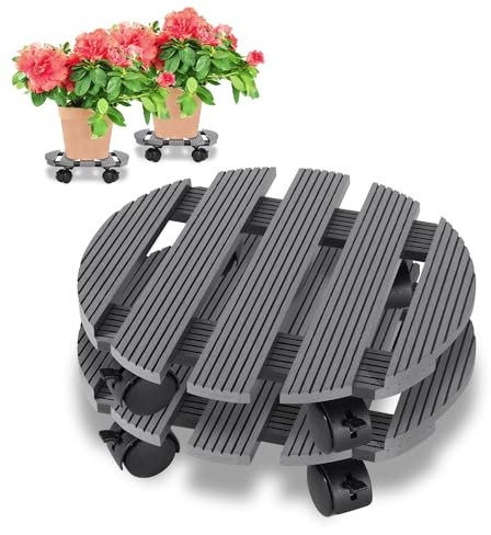 Ikodm Lot de 2 rouleaux ronds WPC pour plantes Ø 30 x 7,5 cm - Rouleau de fleurs avec roulettes - Support à roulettes - Charge maximale : 80 kg - Pour l'intérieur et l'extérieur - Planche à roulettes
