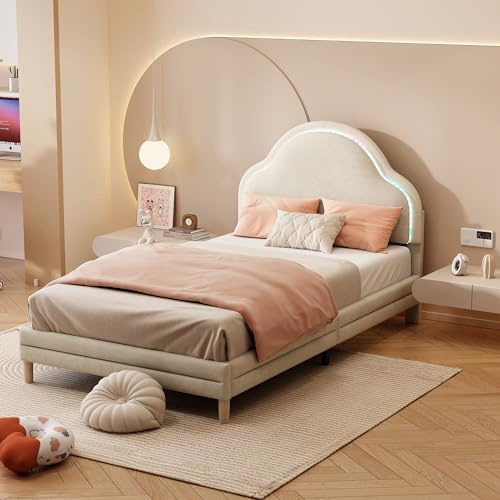 Azkoeesy Letto imbottito 90 x 200 cm, con testiera a forma di nuvola, letto singolo, letto per bambini, con illuminazione a LED e rete a doghe, velluto, beige, WF316966WAA