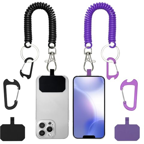 Mezrkuwr 2 Pieces Spring Cord Straps for Mobile Phones, Cell Phone Tether Lanyard, Anti-Theft Mobile Phone Strap with Carabiner