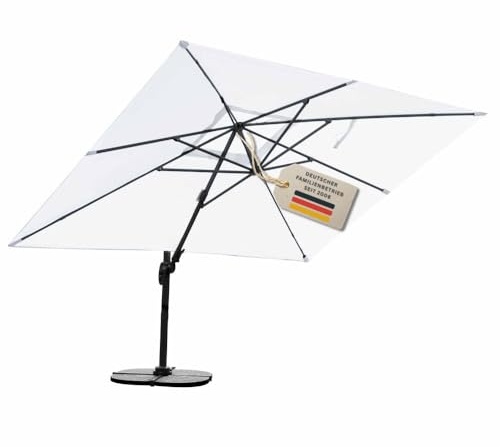 RS Trade Sonnenschirm Ampelschirm 3x4m groß rechteckig, mit Windsicherung, Ständer und Schutzhülle, drehbar neigbar kippbar mit Kurbel, windstabil für Garten Terrasse Balkon Gastronomie, weiß