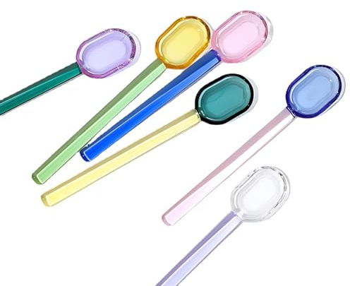 Turbokey 6pcs Glass Teaspoons 6.1 Inches Heat Resistant Stirrers & Spoons for Espresso Coffee Tea Ice Cream Dessert Cocktail Milkshake Cold Drinks Salt Sugar Spice (6 Color)