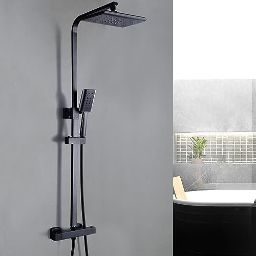Duschsystem mit Thermostat Chrom, Regendusche ohne Armatur, 360°Duschkopf Regendusche 1-5Bar Wasserdruck, Durchflussmenge pro Bar 7,67 L/min, Einstellbar 90-110cm, Duschset Anti-Oxidations-Technologie