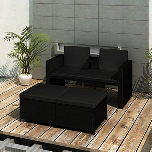 KATERYY 3-TLG. Garten-Lounge-Set mit Auflagen Poly Rattan Schwarz,Stilvolles und bequemes LoungeSet aus Polyrattan für Ihren Garten