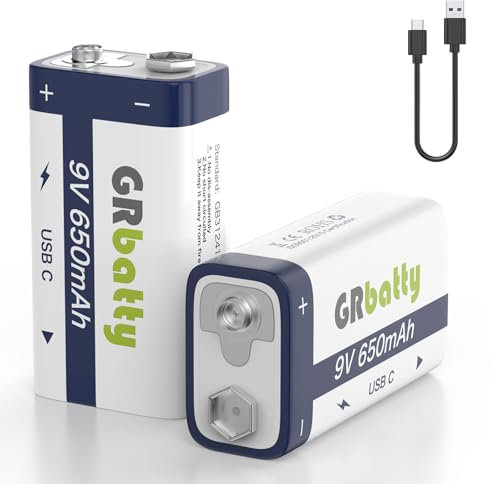 GRbatty Batteria 9V Litio Ricaricabile USB C 650mAh Ad Alta Capacità,Pila 9V Ricaricabile con 1500 Cicli Confezione da 2