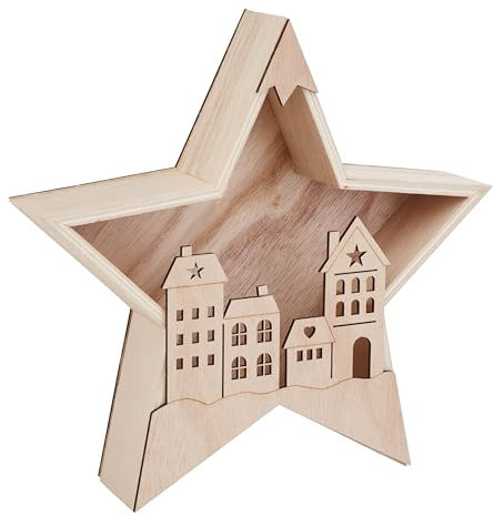 VBS Holzbausatz Holzstern mit Häuserfront 4 Teile DIY Bastelset Weihnachtsdeko Weihnachtsstern Tannenbaum winterliche Atmosphäre